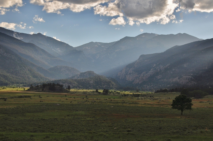 An open pasture with the Rockies in the background, RMNP